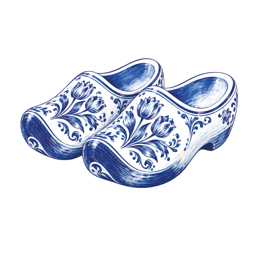 Blauw-wit Delfts blauw klompenpaar met een sierlijk tulpenmotief.