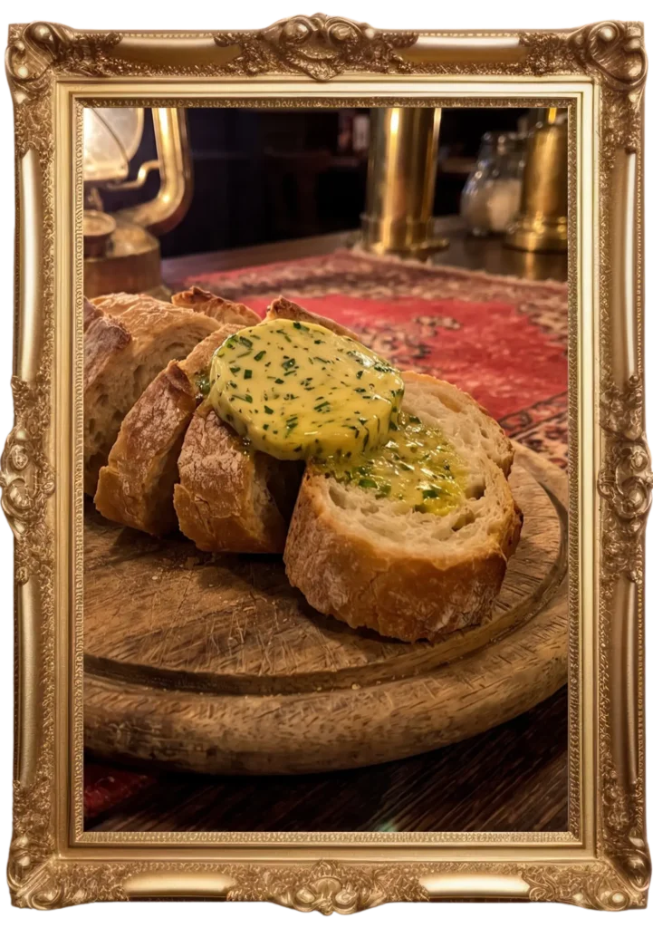 Vers afgebakken stokbrood met romige kruidenboter op een houten serveerplank, in de warme en nostalgische sfeer van Tante Lien.