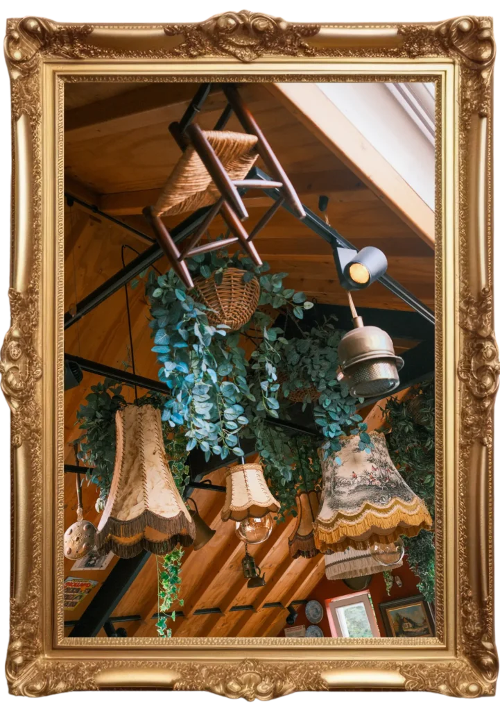Vintage lampen en groene hangplanten in het warme interieur van Tante Lien.